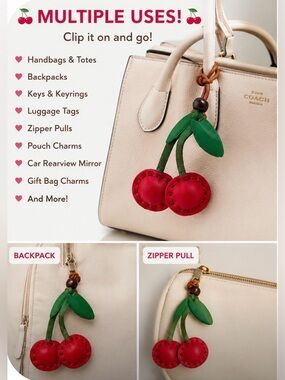 🍒 Handmade Leather Cherry Bag Charm / Keychain 🍒
Only 2 Available!